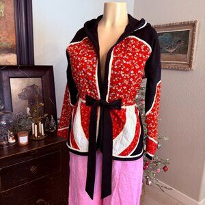 polyester and cotton Quilted HOODED Bell Sleeve Tie Front Hip Length JACKET